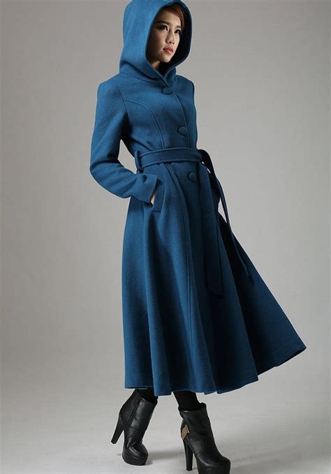 Blue Wool Swing Coat Womens Long Coat With Warm Hood 0739 Ropa