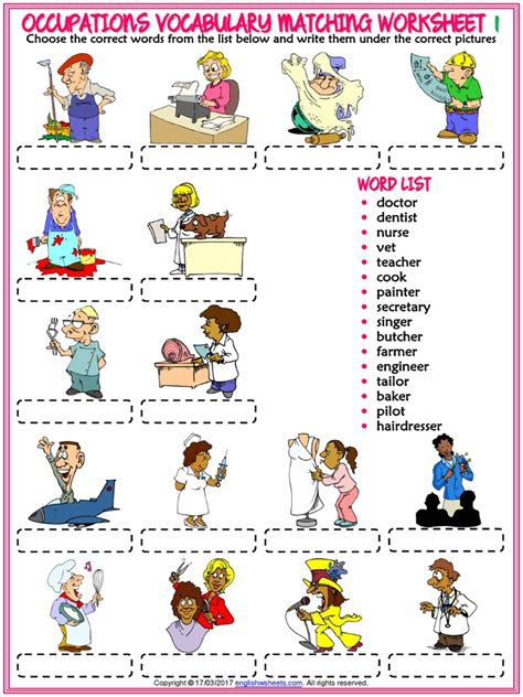 Occupations Vocabulary Esl Matching Exercise Worksheets For Kids 1