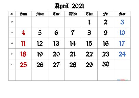 April 2021 Printable Calendar With Week Numbers 6 Templates