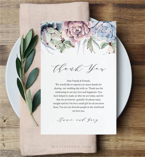 Succulent Wedding Thank You Letter Napkin Note In Lieu Of Favor Card