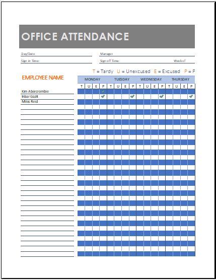 Office Attendance Sheet Templates For Ms Excel Word And Excel Templates