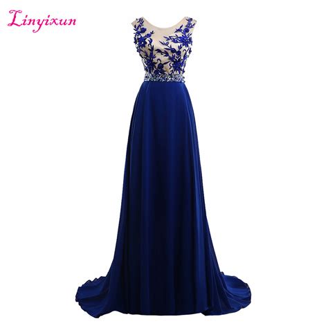 Linyixun Real Photo Royal Blue Chiffon Prom Dresses 2017 Elegant Party Long Sexy Beaded Cheap
