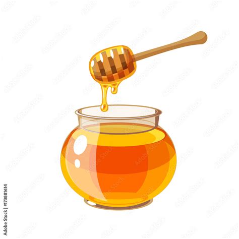 A Glass Pot Full Of Honey And Honey Dipper Vector Illustration Cartoon Flat Icon Isolated On