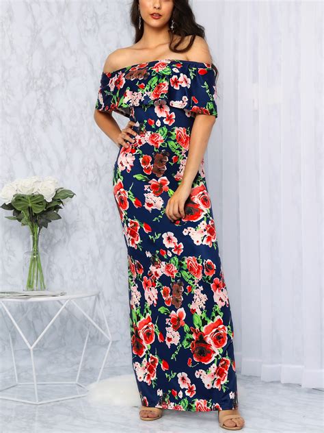 Floral Print Off Shoulder Fold Over Maxi Dress