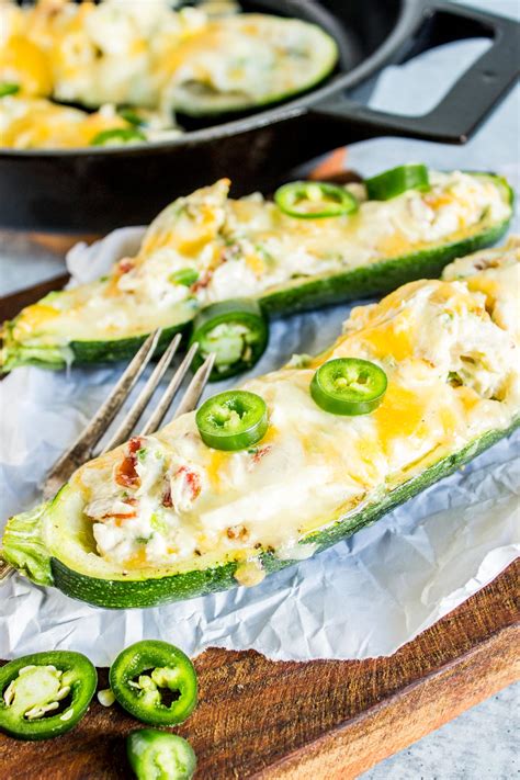 These healthy zucchini boats from delish.com are the best. Zucchini Boats Stuffed with Jalapeño Popper Chicken (keto ...
