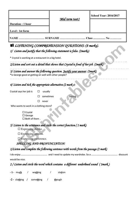 Mid Term Test1for 1st Form Esl Worksheet By Labou