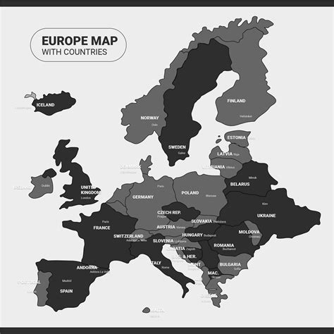 Black And White Western Europe Map With Countries And Major Cities W