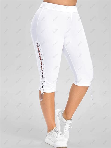 32 Off 2021 Lace Up Side High Waisted Plus Size Capri Pants In White Dresslily
