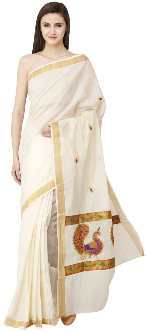 Ivory Kasavu Sari From Kerala With Embroidered Peacocks And Golden Border