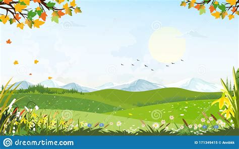 Cartoon Vector Spring Landscape With Mountain Blue Sky And Cloud