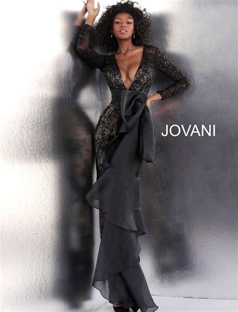 Jovani Black Nude Sheer Long Sleeve Prom Jumpsuit
