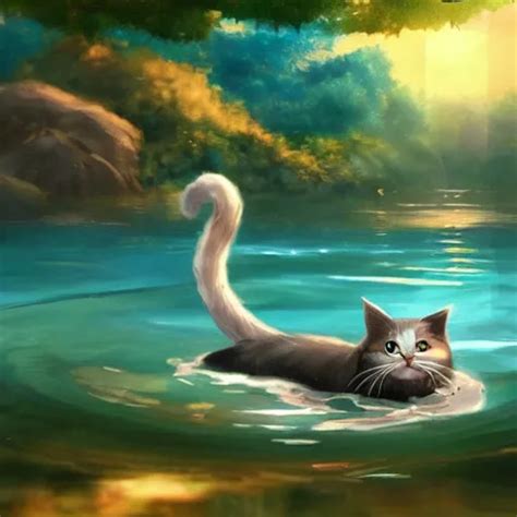 A Cat Swimming In Water Japanese Anime Style Fantasy Stable