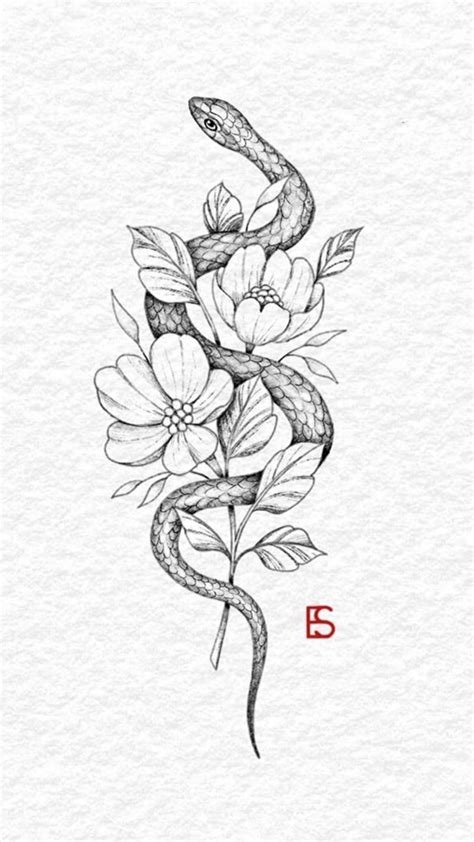 Fine Line Snake With Flowers Spine Tattoos Snake Tattoo Design