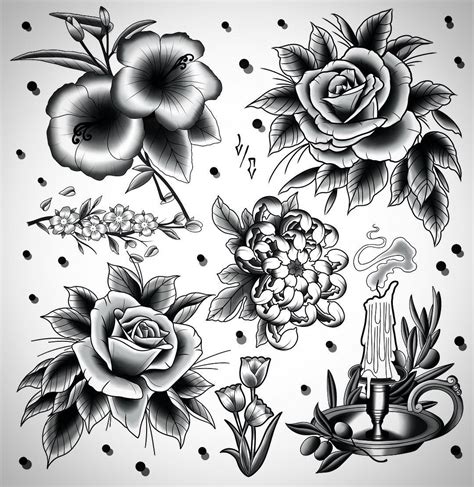 Floral Flash Sheet Dark Tattoo Color Set Black And Grey