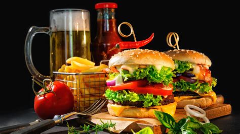 Hamburger With French Fries And Beer Wallpaper Backiee