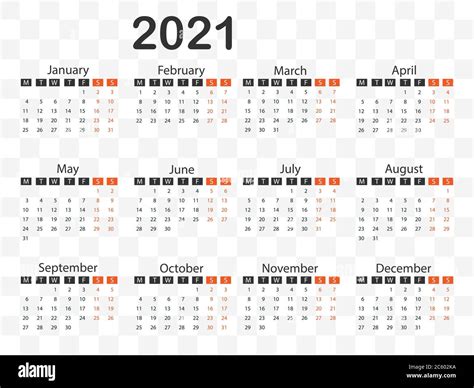 Calendario 2021 La Semana Comienza El Lunes Ilustración Vectorial