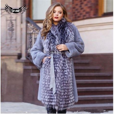 bffur fashion women real mink fur coat with sliver fox fur collar long natural genuine mink fur