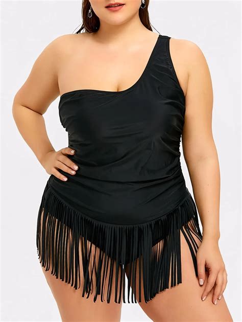 Sexy Off Shoulder Tassel Trikini Bathing Suit Black Monokini Mid Waist Plus Size Swimwear Women