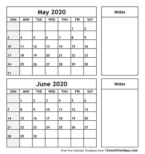 Calendar 2020 May June Month Calendar Printable