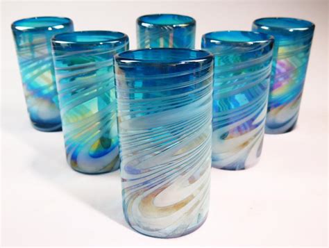 Mexican Glass Tumblers Set Of Six 18oz Turquoise And White Swirl Iridescent