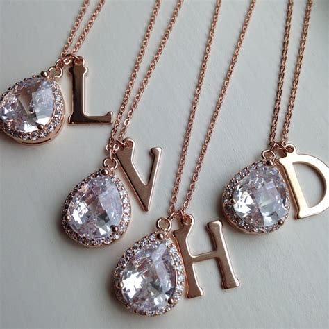 Large Rose Gold Initial Necklace Rose Gold Cz Jewelry Etsy