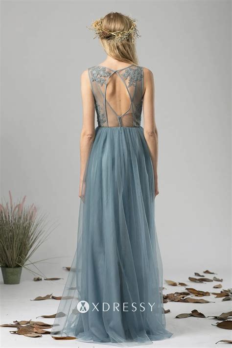 illusion dusty blue lace and tulle v neck long party gown xdressy