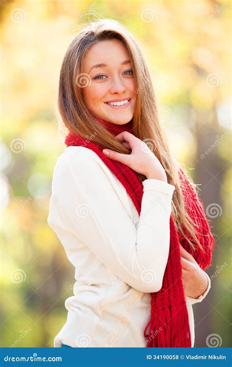 Teen Girl In Red Scarf Stock Photo Image Of Girl Foliage 34190058