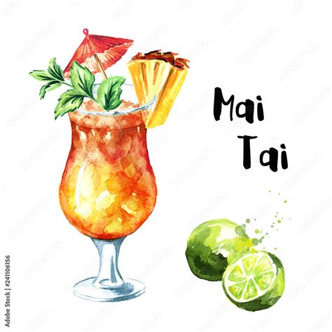 Cocktail Party Mai Tai Cocktail With Pineapple Mint Lime And Rum Watercolor Hand Drawn