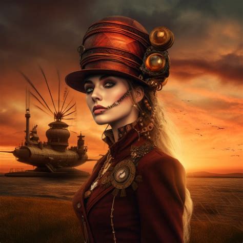 A Woman In A Red Dress And Top Hat With Steampunks On Her Face