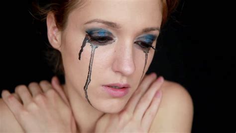 Woman With Black Mascara Running Under Her Eyes Young Woman Crying On Black Background Stock