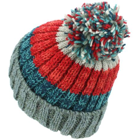 Wool Beanie Hat Bobble Knit Knitted Stripe Lined Men Ladies Warm Winter