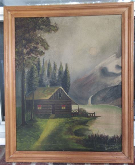 Vintage American Primitive Log Cabin On Lake Mountain Landscape Oil