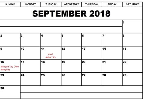 September 2018 Calendar Malaysia Holiday Calendar Holiday Calendar