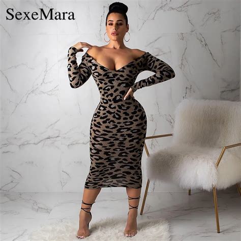 Buy Anjamanor Leopard Print Off Shouder Long Sleeve Dress Trendy Sexy Dresses