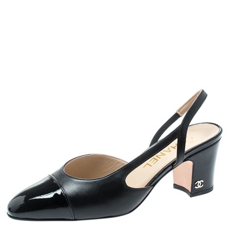 Chanel Black Leather And Patent Leather Cap Toe Cc Block Heel Slingback