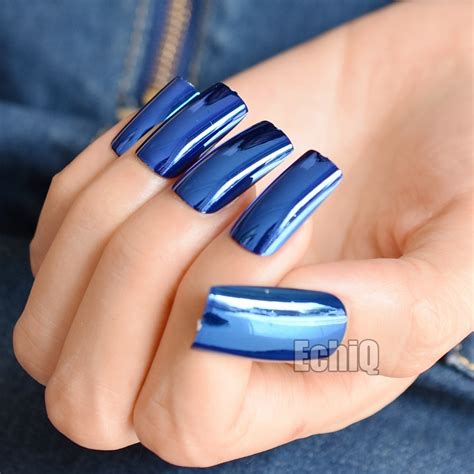 20pcskit Mirror Acrylic Fake Nails Deep Blue Metallic False Nail Extra