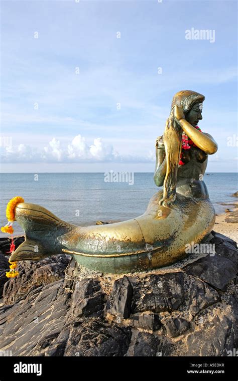 Thailand Sculpture The Golden Mermaid At Smila Strand In Songklah