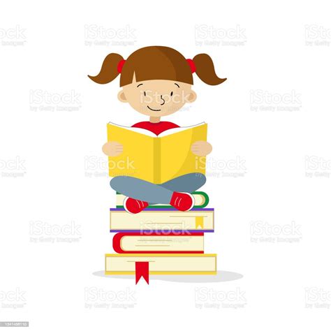 Girl Sitting On Stack Of Books Stock Illustration Download Image Now
