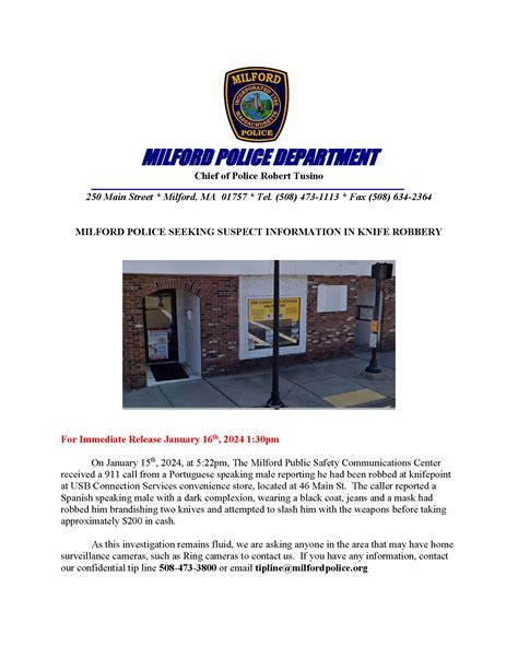 MILFORD POLICE SEEKING SUSPECT INFORMATION IN KNIFE ROBBERY — 250 Main