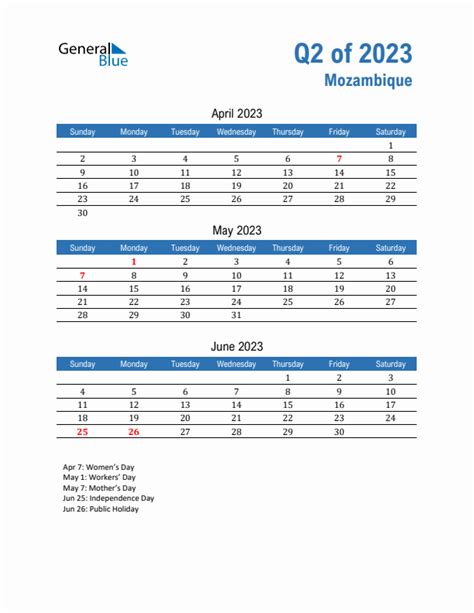 Q2 2023 Quarterly Calendar With Mozambique Holidays Pdf Excel Word