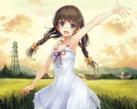 Brunettes Blue Eyes Grass Long Hair Brown Twintails Power