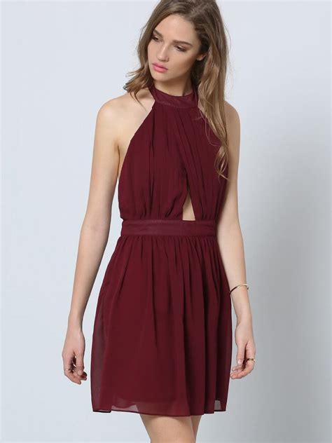 Burgundy Halter Sleeveless Cut Out Pleated Dress Sheinsheinside