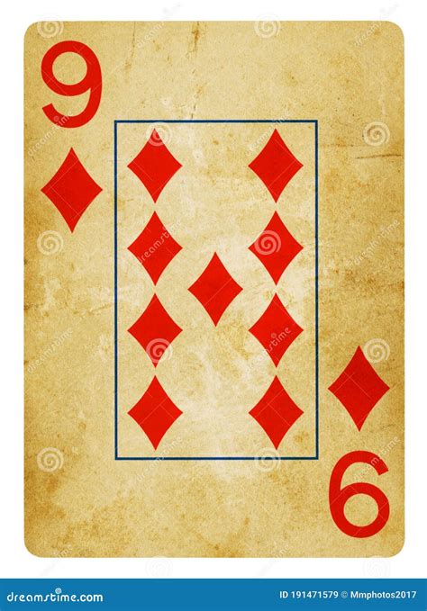 Nine Of Diamonds Vintage Playing Card Isolated On White Stock