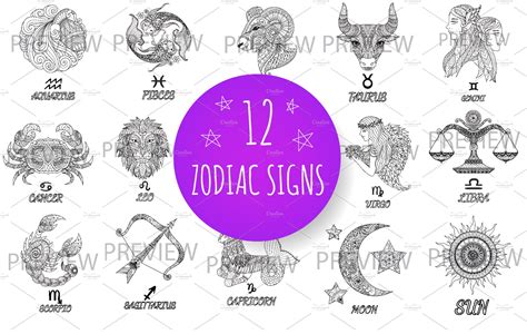 12 Zodiac Signssun And Moon Animal Illustrations ~ Creative Market
