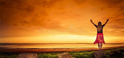 Woman In Red Dress At Sunset By The Sea Stock Image Image Of Healthy