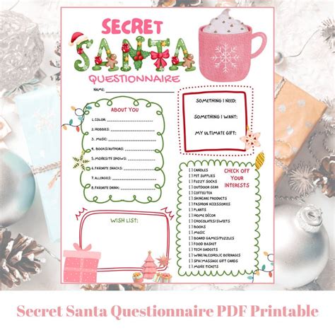 Secret Santa Questionnaire Holiday Gift Exchange Secret Santa List