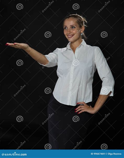 Young Confident Woman Showing By Hands Stock Image Image Of Casual