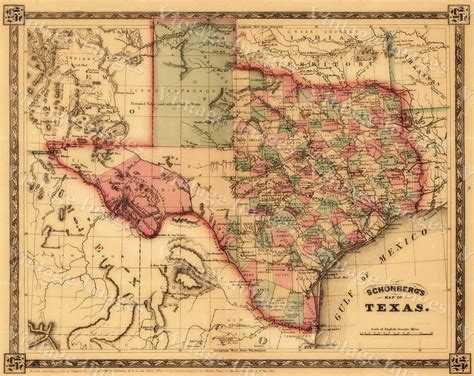 Giant 1866 Texas Old West Map Antique Restoration Hardware Style Wall