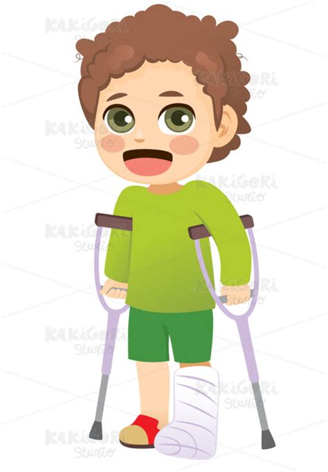 Little Boy Walking With Crutches Clipart Vector Illustration 04877