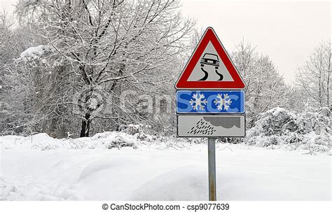 Danger Street Sign For Severe Weather Conditions Slippery Road Sign In